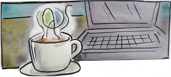 drawing of a laptop with a hot cup of coffee sitting in front