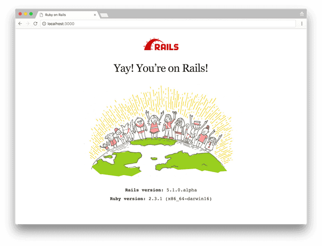 A screenshot of the default boilerplate page that displays after you launch a fresh configuration of Ruby on Rails