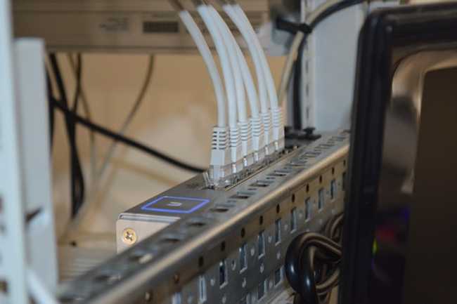 photo of the back of a network switch with ethernet cables attached