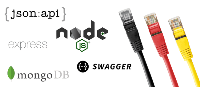 A collage of logos which include JSON:API, Node, Express, Swagger, and MongoDB. To the right of these are the ends of three ethernet cables