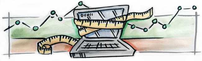drawing of a laptop computer with a sewing tape measure wrapped around it. there's a graph in the background
