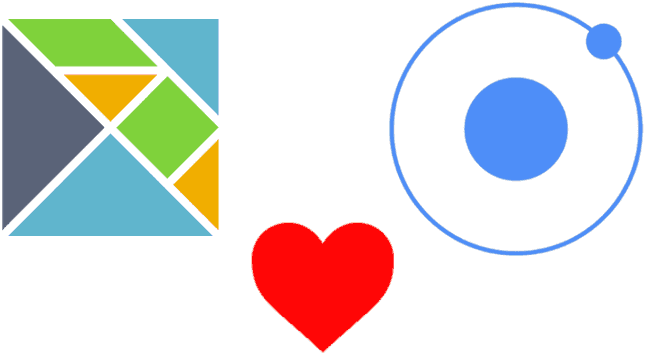collage containing the Elm Logo, Ionic Logo, and a heart icon