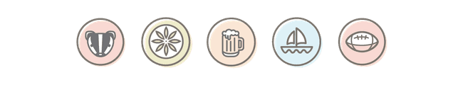 A series of five icons: badger, abstract design, beer, boat, and a football
