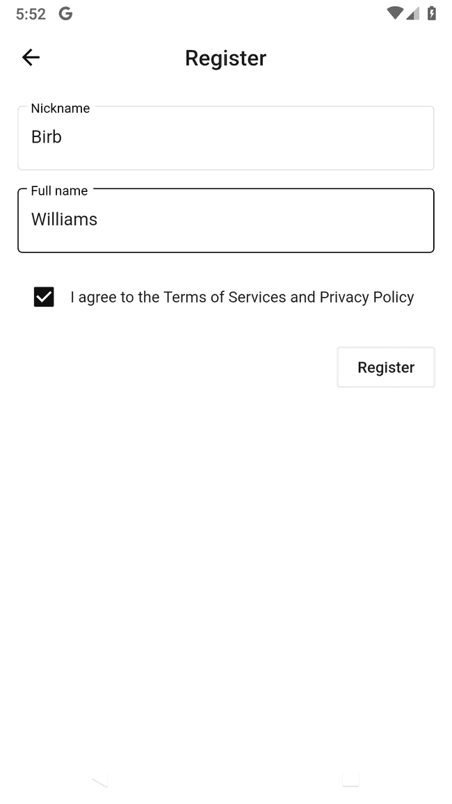 Filled out registration form