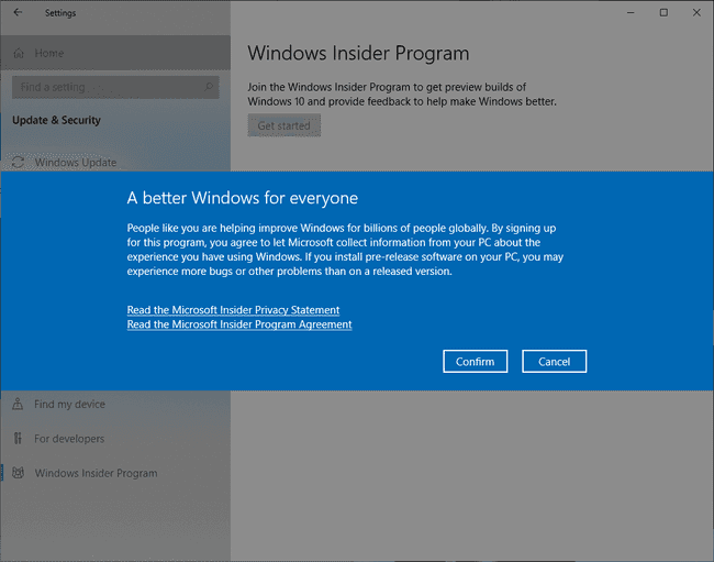 Windows Insider Setup -- Confirmation