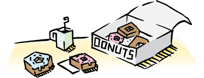 An open box of square shaped donuts and a square cup of coffee