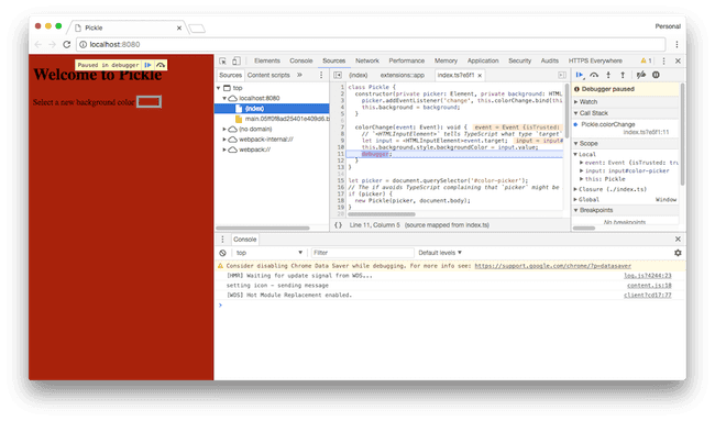 Browser devtools paused mid execute showing original code
