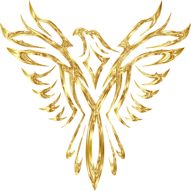 A gold chrome embossed digital drawing of a phoenix