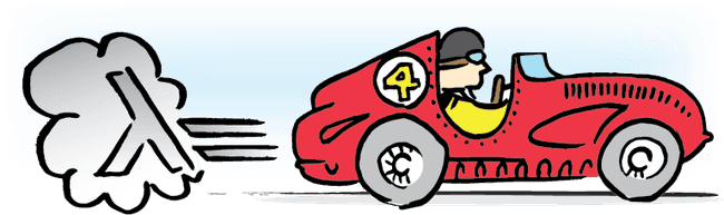 drawing of an old red racecar and driver, the haskell logo superimposed within the exhause fumes trailing behind the car